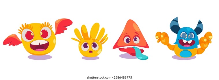 Monster characters with horns wings and big eyes. Vector flat illustration of cute monsters isolated on white background. Cartoon cute monsters with scary emotions.