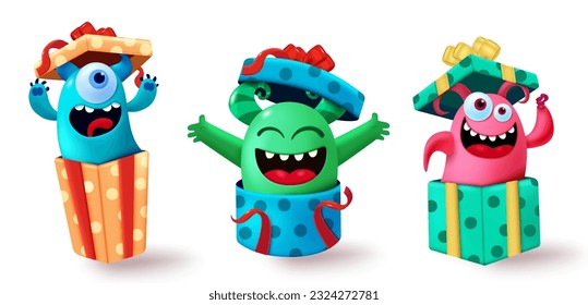 Monster characters vector set design. Birthday monsters character in open gift box for party surprise elements. Vector illustration cute and funny cartoon collection.