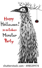 Monster chimera with deer horns and crow beak, Happy Halloween lettering, freehand drawing, Isolated on white