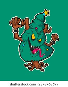 Monster Christmas tree. Christmas Cartoon Character Illustration.