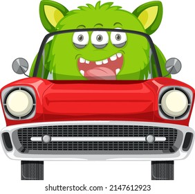 Monster in classic red car on white background illustration