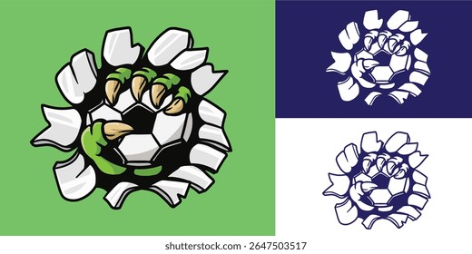monstro garra quebrar parede e segurando bola de futebol bom para logotipo, adesivo, distintivo, decalque, etc