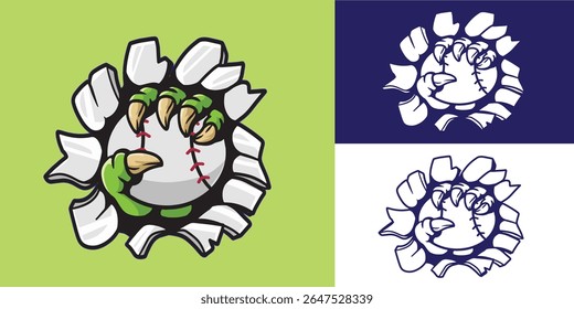 monstro garra quebrar parede e segurando beisebol bom para logotipo, adesivo, distintivo, decalque, etc