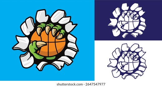 monstro garra quebrar parede e segurando basquete bom para logotipo, adesivo, distintivo, decalque, etc	