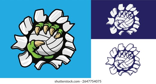 monstro garra quebrar parede e segurando vôlei bom para logotipo, adesivo, distintivo, decalque, etc	