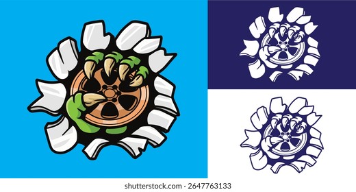 monstro garra quebrar parede e segurando aro carro bom para logotipo, adesivo, distintivo, decalque, etc