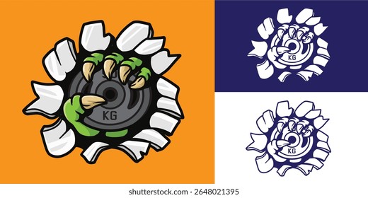monstro garra quebrar parede e segurando ginásio de placa de peso bom para logotipo, adesivo, distintivo, decalque, etc	