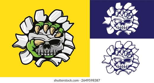 parede de quebra de garra monstro e segurando crânio bom para logotipo, adesivo, distintivo, decalque, design de tatuagem, etc	