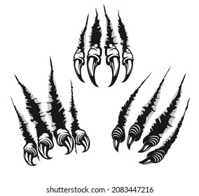 Monster claw mark scratches of dragon with long nails. Vector fingers tear through paper or wall surface. Beast paw sherds, wild animal rips, four talons traces break isolated on white background