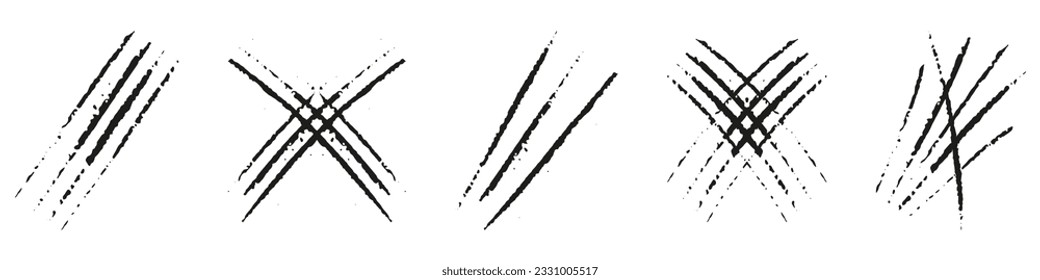 Monster Claw Scratch Set. Bear Nail Mark Collection. Cat or Tiger Talon. Grunge Texture of Wild Animal Attack Trace. Scary Laceration Trail. Abstract Design Element. Isolated Vector Illustration.