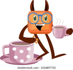 Monster mit Kaffee, Illustration, Vektorgrafik auf weißem Hintergrund.