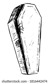 The monster in coffin single doodle. Simple vector hand drawn illustration. Scary halloween drawing isolated on white. Black contour sketch element for design, print, card, decoration, poster, sticker
