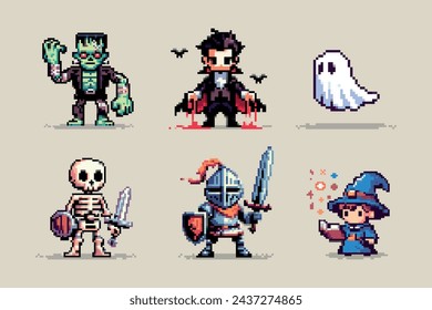 Monster collection pixel art 8 bit style illustration