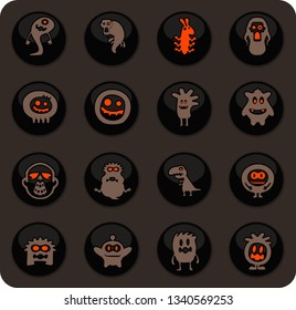 Monster color vector icons on dark background for user interface design