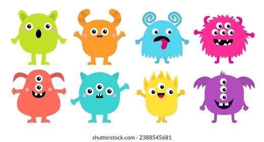 Conjunto de iconos coloridos del monstruo. Feliz Halloween. Ocho monstruos. Ojos, lengua, colmillo dental, manos arriba. Cuta caricatura kawaii personaje bebé asustado y gracioso. Aislado. Fondo blanco. Diseño plano. Vector