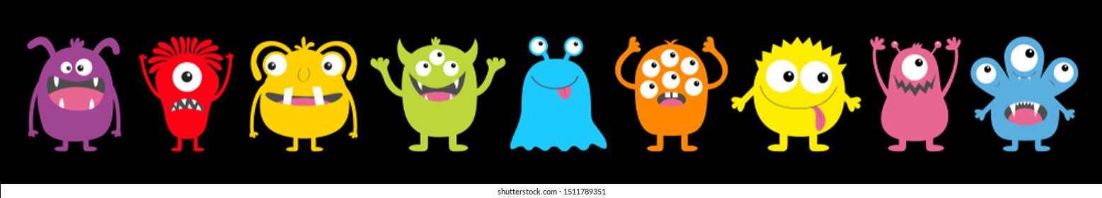 Monster colorful round silhouette icon set line. Happy Halloween. Eyes, tongue, tooth fang, hands up. Cute cartoon kawaii scary funny baby character. Black background. Flat design. Vector illustration