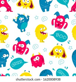 Monster colorful seamless pattern vector isolated. Cute mutant on repetitive texture for fabric. Funny beast set.