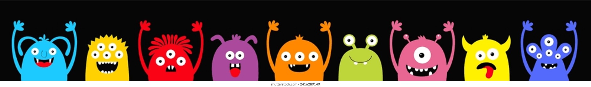 Monster colorful silhouette face head icon set line. Happy Halloween. Eyes, tongue, fang tooth, hands up. Cute cartoon kawaii scary funny boo baby character. Black background. Flat design. Vector