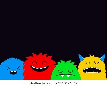 Monster colorful silhouette face head icon set line. Eyes, , fang tooth. Happy Halloween. Cute cartoon kawaii scary funny boo baby character. Banner template. Black background. Flat design. Vector