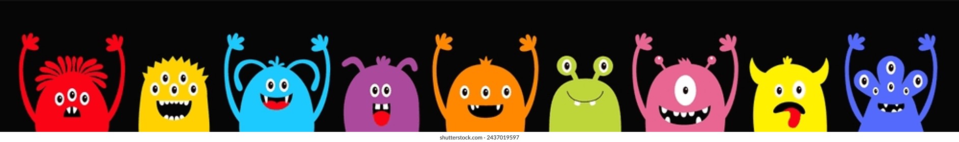 Monster colorful silhouette face head icon set line. Happy Halloween. Hands up. Eyes, tooth fang, tongue. Cute cartoon kawaii scary funny baby character. Black background. Flat design. Vector