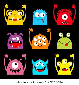 Monster colorful silhouette head face icon set. Eyes, tongue, tooth fang, hands up. Cute cartoon kawaii scary funny baby character. Happy Halloween. Black background. Flat design. Vector illustration
