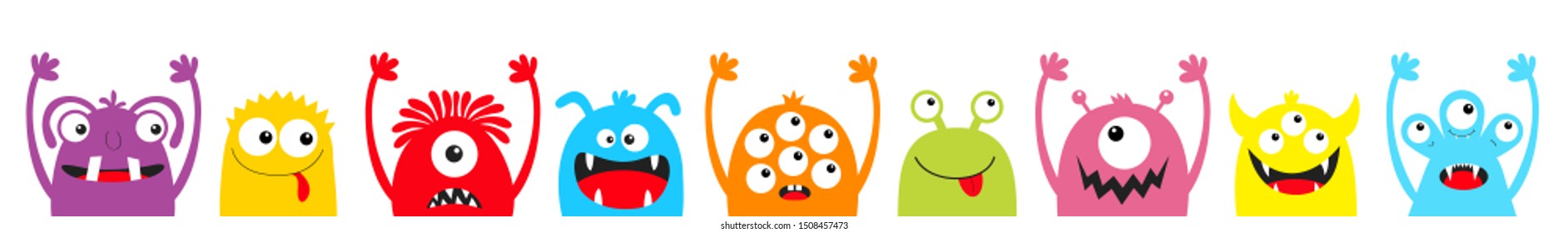 Monster colorful silhouette head face icon set line. Happy Halloween. Eyes, tongue, tooth fang, hands up. Cute cartoon kawaii scary funny baby character. White background. Flat design. Vector