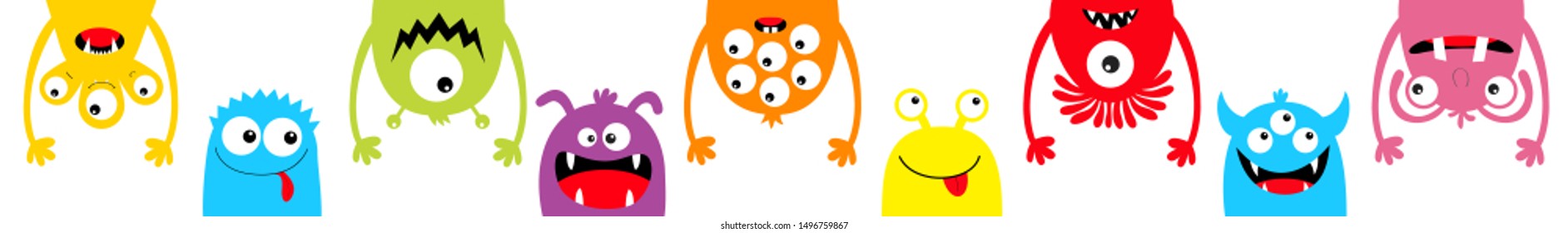Monster colorful silhouette icon set line. Happy Halloween. Eyes, tongue, tooth fang, hands up. Cute cartoon kawaii scary funny baby character. White background. Flat design