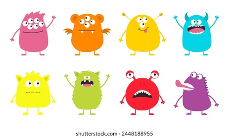 Conjunto de iconos de silueta colorida de monstruo. Feliz Halloween. Ojos, lengua, dientes, colmillo, manos arriba. Lindo dibujo animado kawaii asusta divertido personaje de bebé. Estilo infantil. Diseño plano. Fondo blanco. Vector