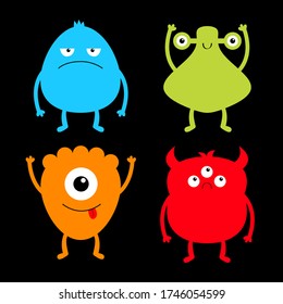 Monster colorful silhouette set. Cute cartoon kawaii sad character icon. Eyes, horns, hands up, tongue. Funny baby collection. Happy Halloween. Black background. Isolated. Flat design. Vector