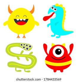 Monster colorful silhouette set. Dino, snake. Happy Halloween. Cute kawaii cartoon scary funny character icon. Eye, hair, tongue teeth, hands. Funny baby. White background. Flat design. Vector