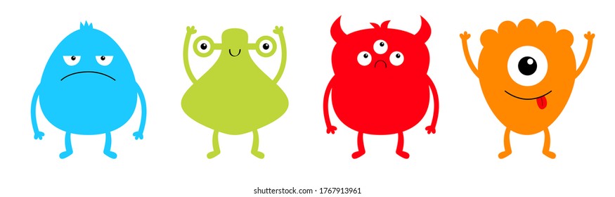 Monster colorful silhouette set line. Cute cartoon kawaii sad character icon. Eyes, horns, hands up, tongue. Funny baby collection. Happy Halloween. White background. Isolated. Flat design. Vector