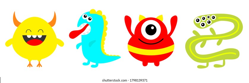 Monster colorful silhouette set line. Happy Halloween. Dino, snake. Cute kawaii cartoon scary funny character icon. Eye, hair, tongue teeth, hands. Funny baby. White background. Flat design. Vector