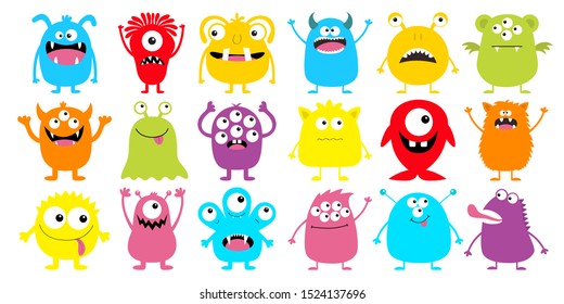 Monster colorful silhouette super big icon set. Happy Halloween. Eyes, tongue, tooth fang, hands up. Cute cartoon kawaii scary funny baby character. Flat design. White background. Vector illustration