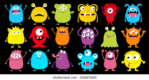 Monster colorful silhouette super big icon set. Happy Halloween. Eyes, tongue, tooth fang, hands up. Cute cartoon kawaii scary funny baby character. Flat design. Black background. Vector illustration