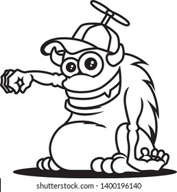 Monster Colouring picture. Cartoon cute green monster with horn wearing a cap. Monster hand holding pose. Outline Vector illustration.