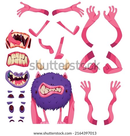 Monster constructor cartoon set of mouth teeth head legs and hands isolated elements for kids game flat vector illustration