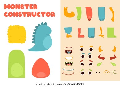 Monster constructor set. Pack of colorful legs and arms, eyes and horns. Bizzare and spooky character. Imagination and fantasy, fairy tale. Cartoon flat vector collection isolated on beige background