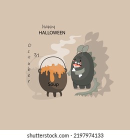 Monster cooks mystical soup for halloween, happy halloween lettering.  For the Halloween holiday, postcards, cards, banners, stickers, posters, prints on clothes, decoration of cafes, shops.