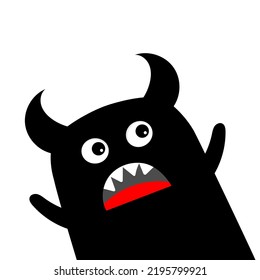 Monster in the corner waving hand. Happy Halloween. Kawaii cute cartoon baby character. Funny face head body. Horn, fang tooth, tongue. Black silhouette. Flat design. White background. Vector