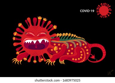 Monster coronavirus icon. Scary predator symbol of COVID-19. Vector Illustration