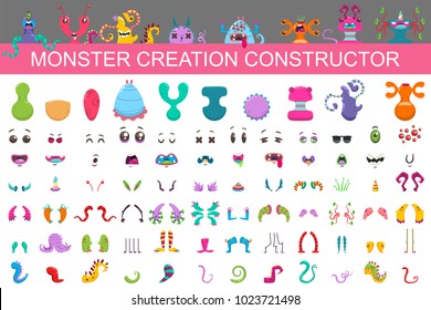 Monster creation constructor kit. Vector cartoon set of eyes, mouths, arms, noses, tails, horns and bodies to collect the characters of cute aliens and funny creatures.