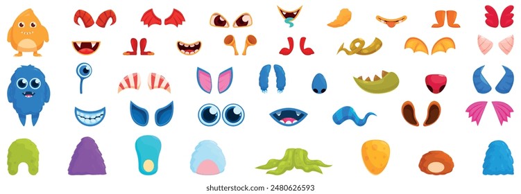 Monster creation icons set. Cartoon monster body parts set for creating funny faces and expressions, allowing for endless combinations and imaginative character designs