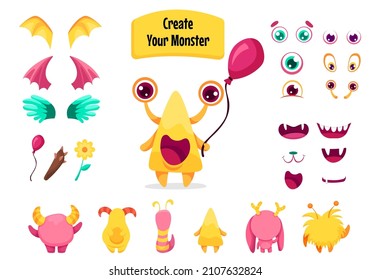 Monster creation kit for building different creatures with wings, horns, tails and accessories. Spooky funny avatars constructor for Halloween. Vector cartoon flat illustration.