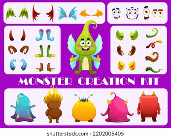 Kit de creación de monstruos. Constructor de carácter monstruo de dibujos animados. Conjunto de construcción de vectores de personajes de fantasía o de goblin. Cara divertida de criatura, cola, cuerno, oreja, alas, piernas y cuerpos lindos alienígenas