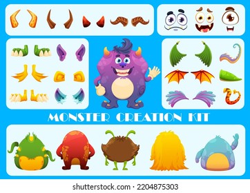 Monster creation kit. Cartoon monster character constructor. Vector faces, arms, legs, ears and wings, tails, horns and bodies set to construct funny alien cute or comic Halloween creature personage