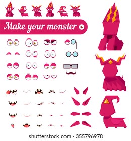 Monster creation kit. Set for construction of vector avatars monsters with different expressions of emotions.