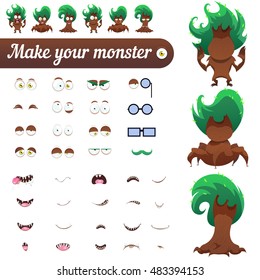 Monster creation kit. Set for construction of vector avatars monsters. Spooky trees for Halloween. Vector illustration.