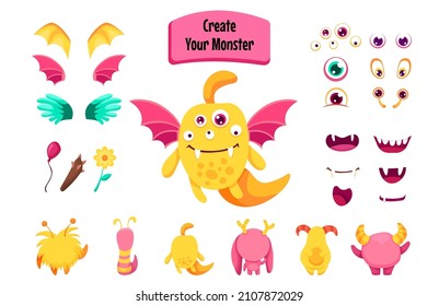 Monster creation set for building different creatures with wings, horns, tails and accessories. Spooky funny avatars constructor for Halloween. Vector cartoon flat illustration.