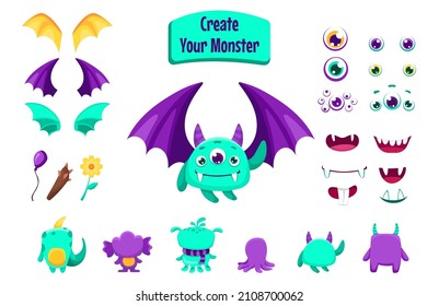 Monster creation set for building different creatures with wings, horns, tails and accessories. Spooky funny avatars constructor for Halloween. Vector cartoon flat illustration.