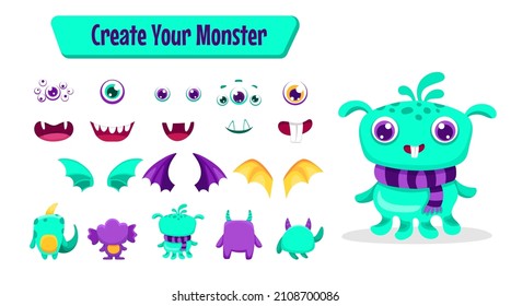 Creación de monstruos para construir diferentes criaturas con alas, cuernos, colas y accesorios. Parecido constructor de avatares divertidos para Halloween. Ilustración plana de dibujos animados.